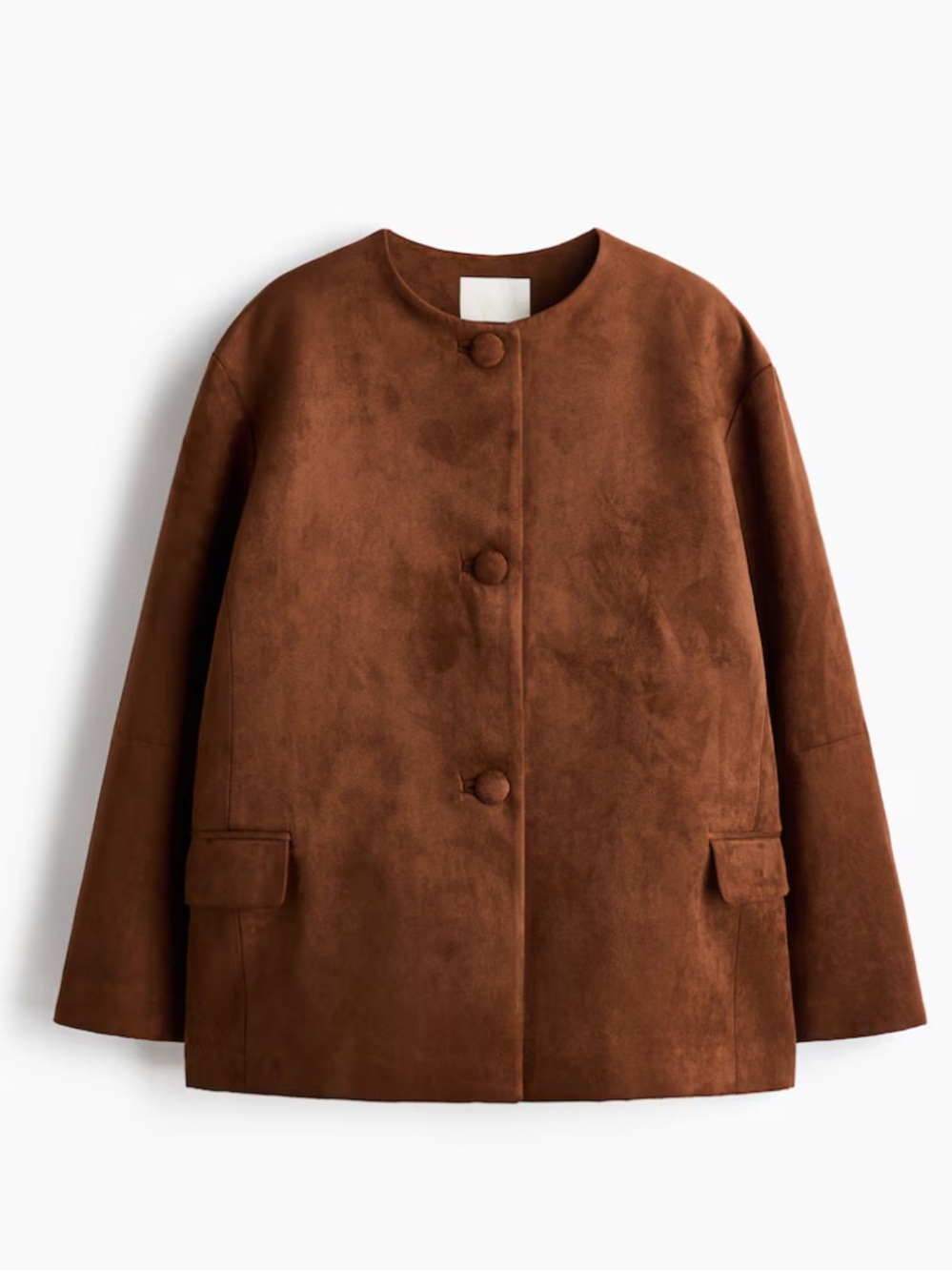 NWT H&M Classic Brown Faux Suede Collarless Jacket. Size Medium.